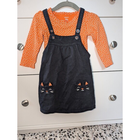 Carter's Orange Polka Dot Shirt and Black Cat Jumper size 12 months - Picture 1 of 4